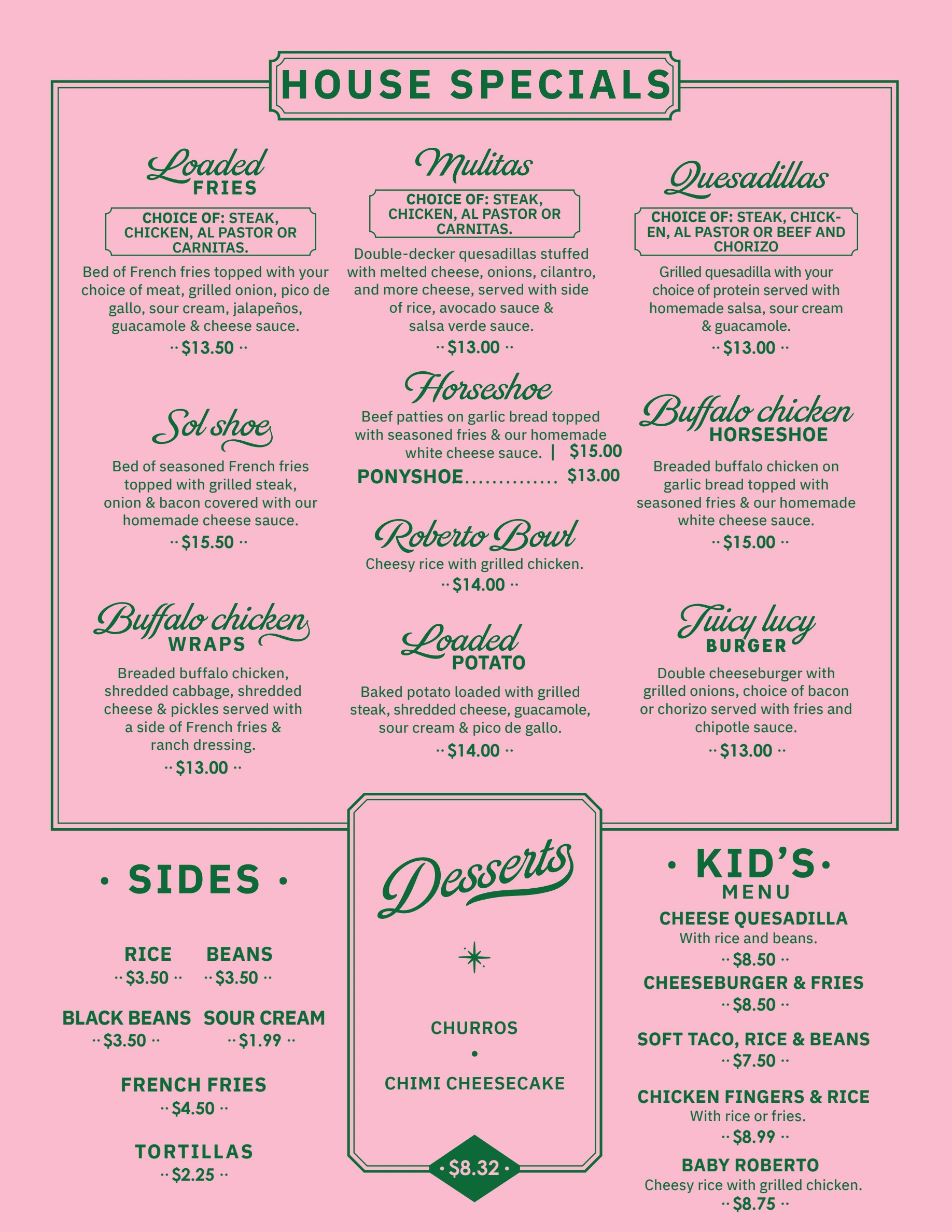 Back page of the current Frida's Tacos menu