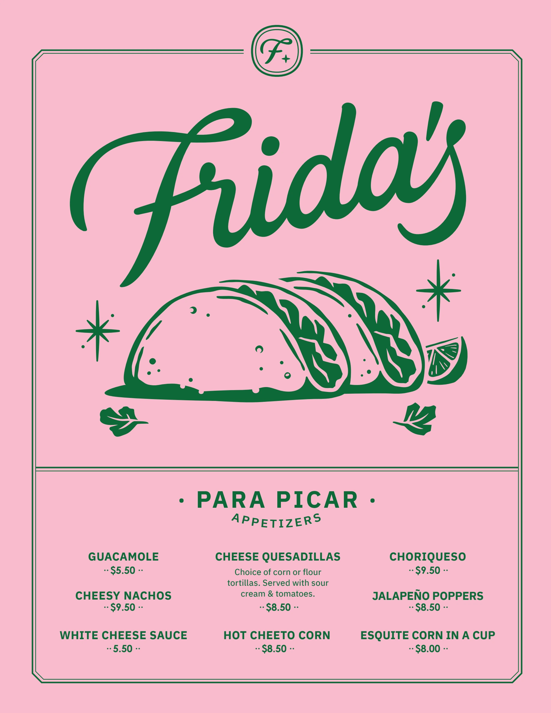 Front page of the current Frida's Tacos menu