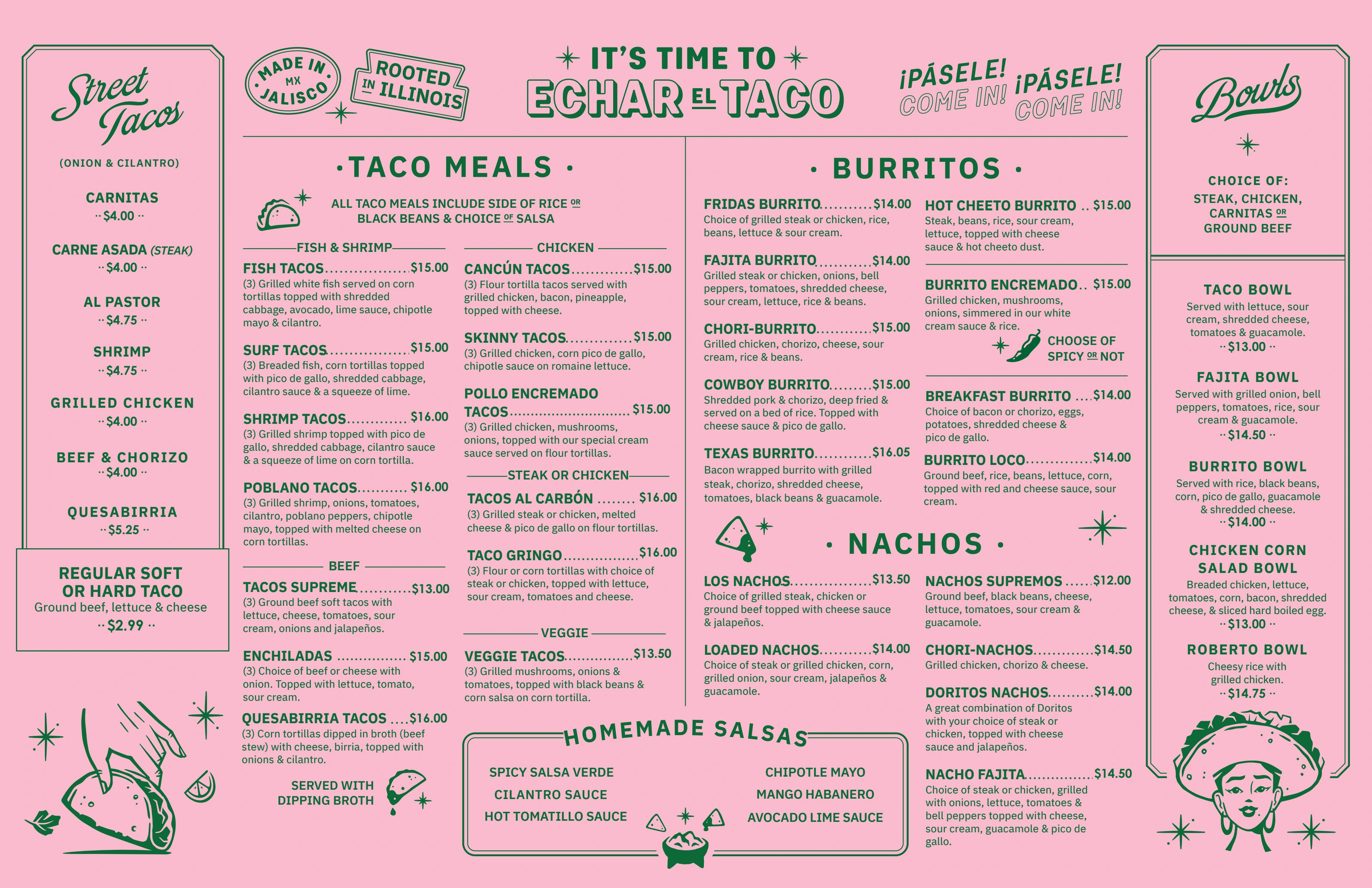 Inside page of the current Frida's Tacos menu